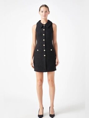 Endless Rose Black Tweed Sleeveless Shift Dress with Gold Buttons